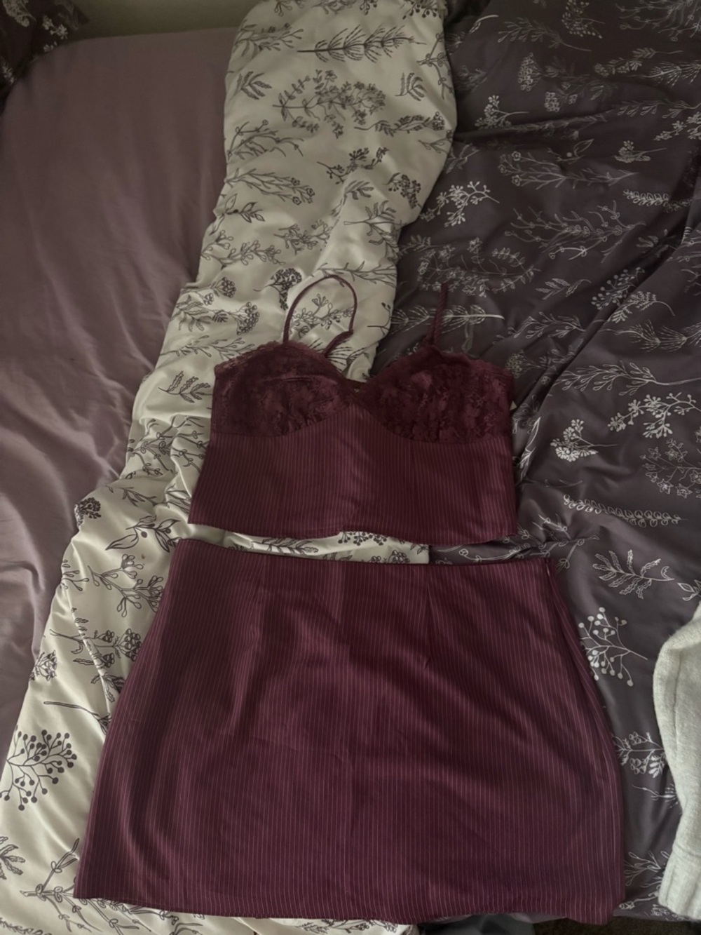 No Boundaries Lace-Trim Ribbed Bralette & Skirt Set - Wine